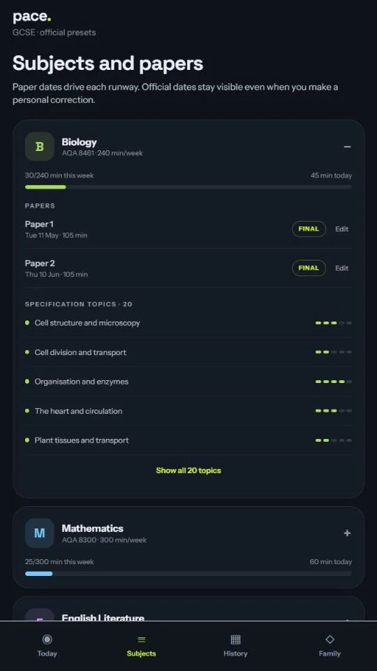 Pace guided demo Subjects screen with an expanded Biology course, paper rows and specification topics.